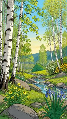 a serene birch forest in soft morning light, no people, no text