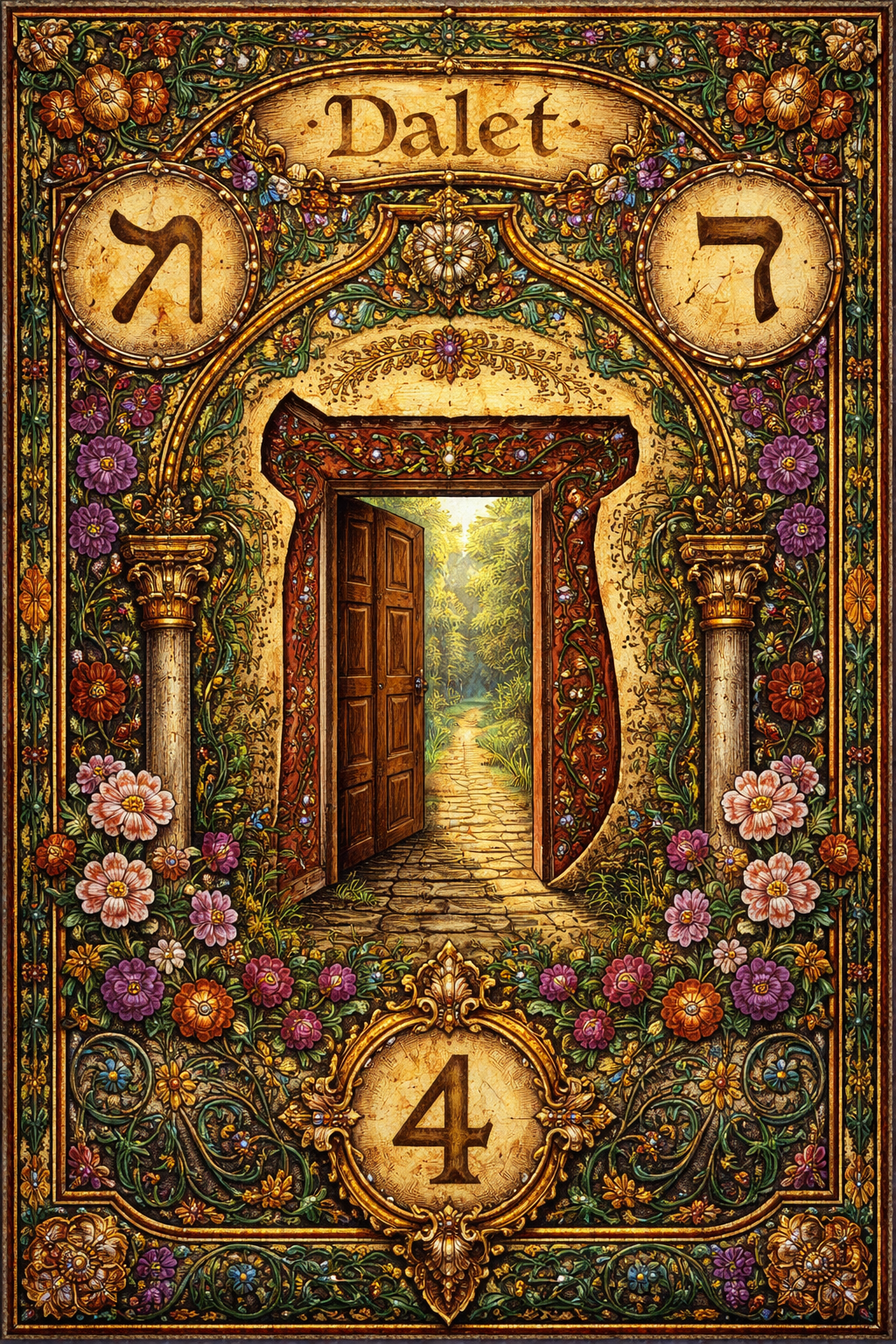 A picture of the Hebrew letter Dalet including in the design a picture of a door, the paleo pictograph and the modern Hebrew Dalet symbol (ד), the number 4 and the name of the letter "Dalet" . With no other number or letter symbols included