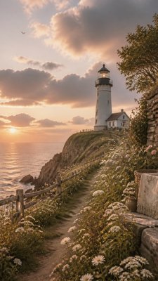 a lone lighthouse on a cliff at dusk under a dramatic sky, no text or lettering