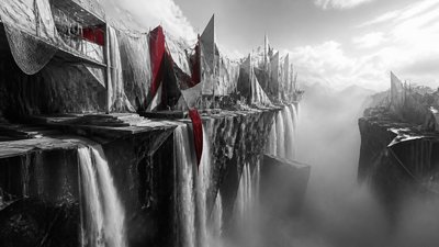 a cliffside city with waterfalls cascading into a misty canyon, wide establishing shot, no people, no text