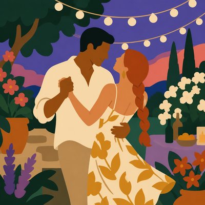 an original couple dancing under string lights in a garden at dusk: a man with short black hair in a linen shirt and a woman with braided red hair in a summer dress