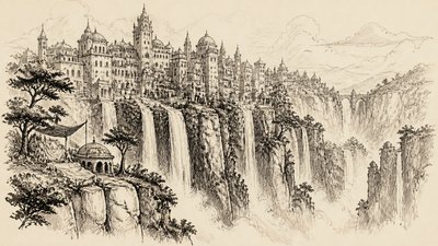 a cliffside city with waterfalls cascading into a misty canyon, wide establishing shot, no people, no text