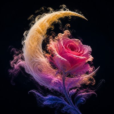 a rose entwined with a crescent moon, clean balanced composition on a plain background, no text