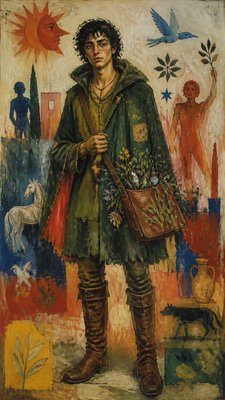 full-body original character: a wandering botanist with a satchel of plants, a patched green cloak, tall boots and round glasses, neutral background