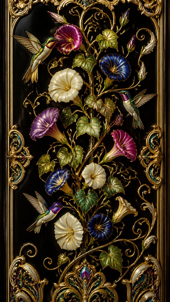 a climbing vine of flowers and hummingbirds on a dark background, tall wrapping composition, no text