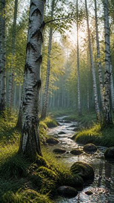 a serene birch forest in soft morning light, no people, no text