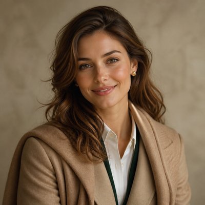 head-and-shoulders portrait of an original character: a young woman with wavy chestnut hair and a warm smile, plain soft backdrop