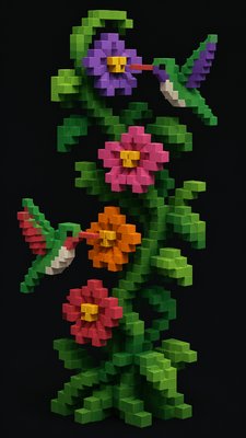 a climbing vine of flowers and hummingbirds on a dark background, tall wrapping composition, no text