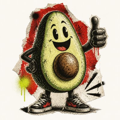 a happy avocado character giving a thumbs up, bold readable design on a plain background, no text