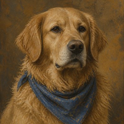 portrait of a golden retriever wearing a blue bandana, warm plain backdrop, no text