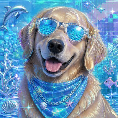 portrait of a golden retriever wearing a blue bandana, warm plain backdrop, no text