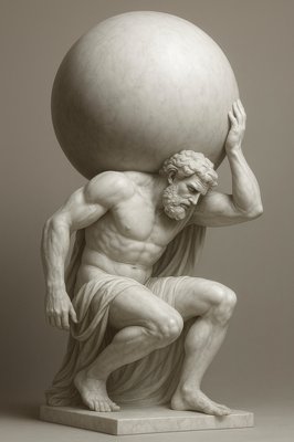 a statue of a man holding a large ball on his head