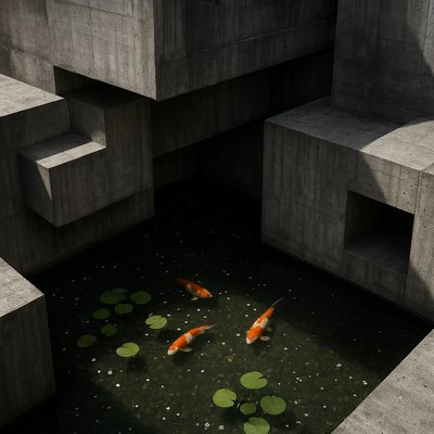 A koi pond seen from above, orange and white koi fish swimming among lily pads, clear water with subtle ripples, fallen cherry blossom petals floating on the surface, dappled sunlight