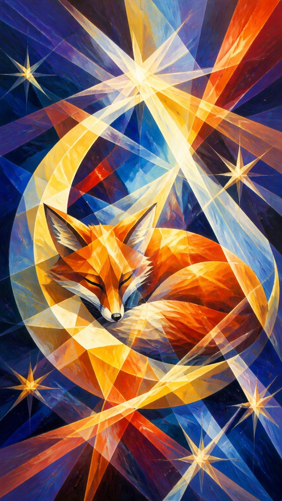 a sleeping baby fox curled on a crescent moon among soft stars, gentle and warm, no text