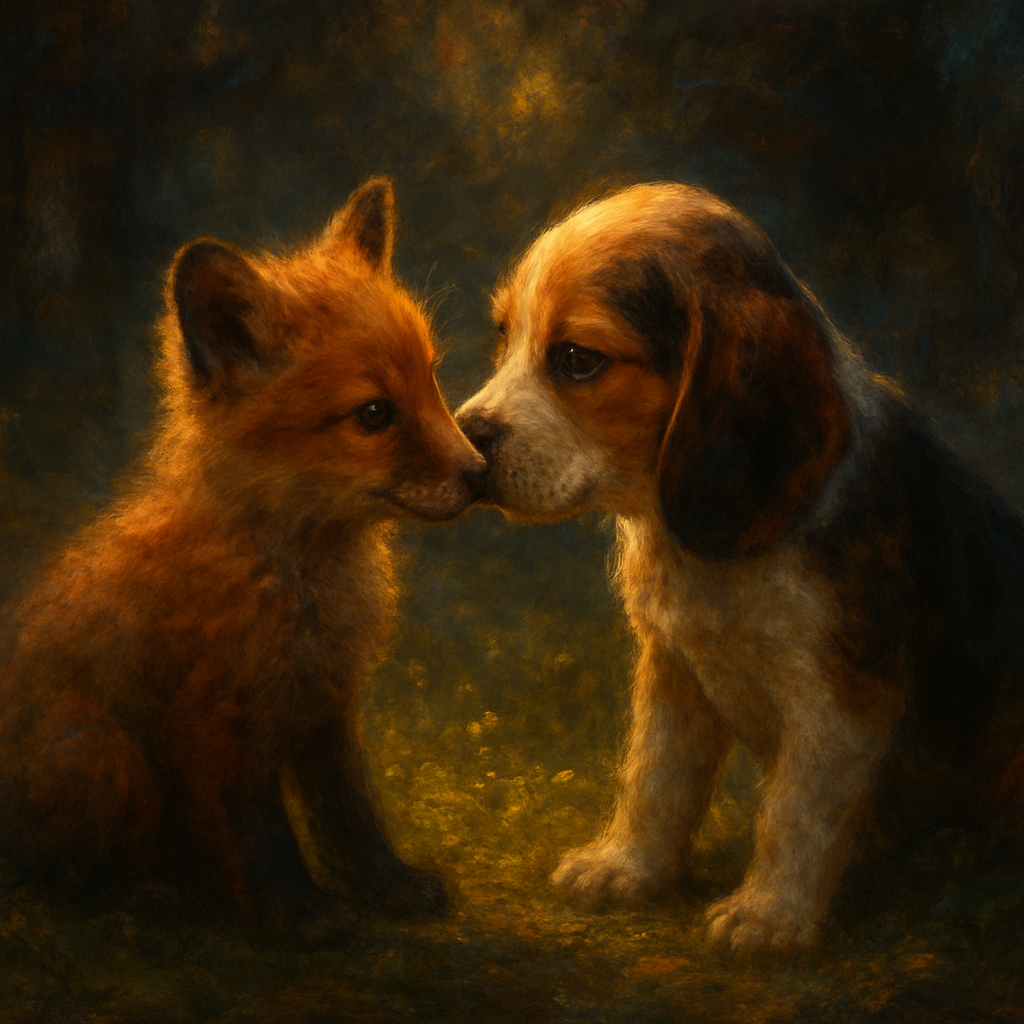 "Photorealistic image of a red fox pup and a hound puppy, nuzzling gently, sharing an innocent gaze. Set in a sun-dappled forest clearing with soft moss and wildflowers. Warm, golden-hour lighting. Emphasize tenderness, trust, and youthful affection. Highly detailed fur textures. Evokes the movie 'The Fox and the Hound' but with real animals.