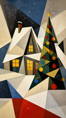 a snow-covered cottage with warm glowing windows beside a decorated pine tree, gentle snowfall, no text