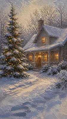 a snow-covered cottage with warm glowing windows beside a decorated pine tree, gentle snowfall, no text