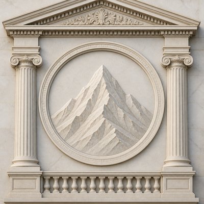 an emblem of a mountain peak inside a circle, simple bold shapes on a plain background, no text or lettering