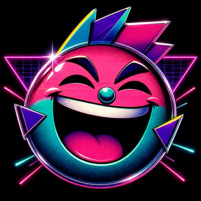 an exaggerated laughing face of an original round mascot character, bold and readable at small size, plain background, no text