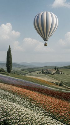 a hot air balloon drifting over rolling flower fields on a sunny day, cheerful, no text