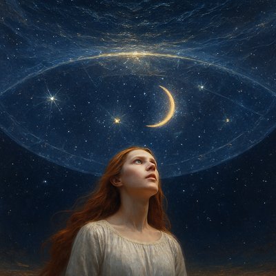 Photorealism Art Style, a breathtaking, upward-looking perspective from the ground, portraying ancient Jewish cosmology for Psalm 8:3. In the lower frame, a young woman with long, flowing red hair, dressed in simple, ethereal white heavenly attire, stands on subtle, ancient earth, gazing upwards with an expression of profound awe and wonder. Above her, the night sky transitions into a vast, layered structure of heavens. Clearly visible is a translucent, crystalline firmament (raqia), appearing as a colossal, shimmering barrier. Within this firmament, large, distinct stars and a glowing crescent moon are vividly captured, appearing as tangible, luminous objects "set into" its surface, radiating a soft, internal light. Beyond and above this firmament, immense, dark yet shimmering celestial waters are visibly contained, looking like a real, suspended ocean reflecting an unseen, brilliant divine light from the highest reaches. The overall scene is imbued with deep blues, celestial purples, and radiant golds from the embedded lights. Focus on the woman's reverent expression, the stunning depth of the layered heavens seen from below, the realistic texture of the firmament, and the tangible, luminous quality of the stars and moon within it, creating an image of overwhelming ancient wonder and divine majesty.