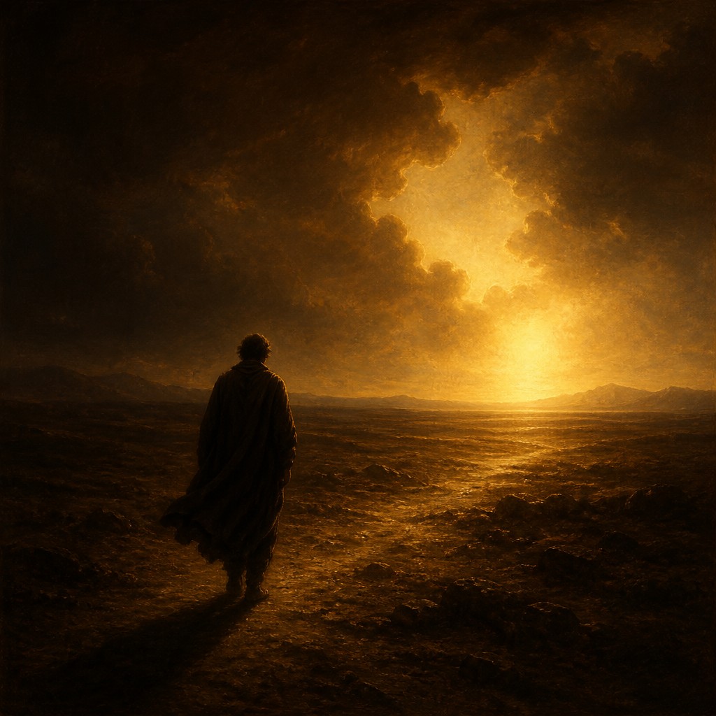 a solitary figure walking toward a glowing horizon across an empty plain, moody atmosphere, no text or lettering