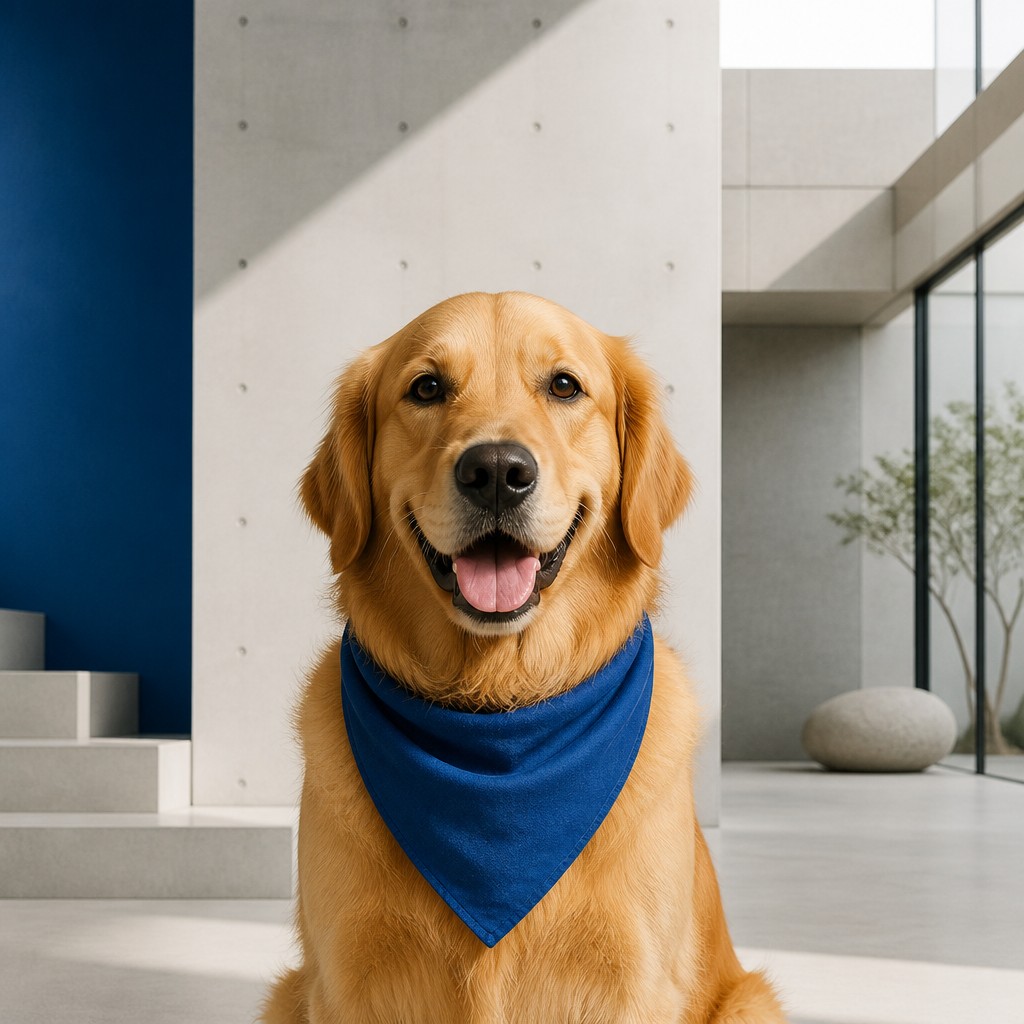 portrait of a golden retriever wearing a blue bandana, warm plain backdrop, no text