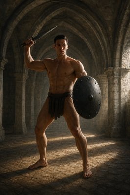 a man with a sword and a shield