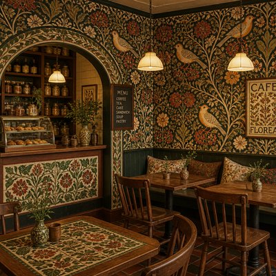 cozy cafe interior with warm lighting