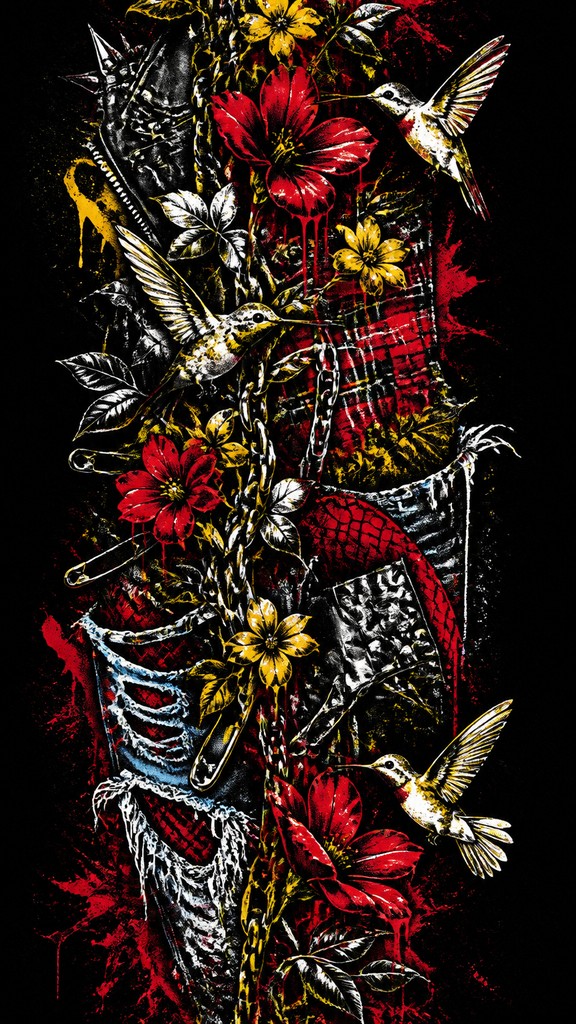 a climbing vine of flowers and hummingbirds on a dark background, tall wrapping composition, no text