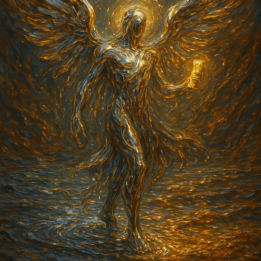 A majestic celestial being made of flowing quicksilver and molten gold, standing tall, liquid metal. The entity holds a small glowing scroll. The angel's form is fluid and constantly shifting. The right foot is submerged in the ocean, but the ocean is made of liquid chrome, and the leg creates ripples that blend perfectly with the water, indistinguishable from the sea. The left foot plants firmly on the earth, the liquid metal form solidifying into structure as it touches the ground, heavy droplets of silver splashing onto the soil. High contrast, ray tracing, volumetric lighting, fluid simulation