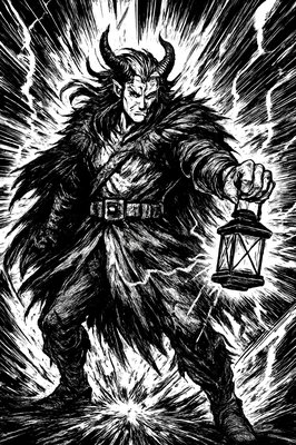 a black and white drawing of a demon holding a lantern