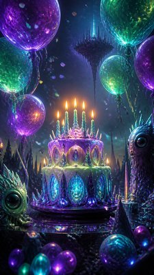 a birthday cake with lit candles surrounded by balloons and confetti, festive vertical composition, no text