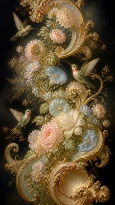 a climbing vine of flowers and hummingbirds on a dark background, tall wrapping composition, no text