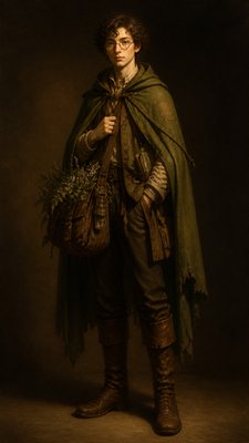 full-body original character: a wandering botanist with a satchel of plants, a patched green cloak, tall boots and round glasses, neutral background