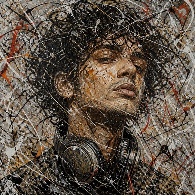 head-and-shoulders portrait of an original character: a young man with curly dark hair and headphones around his neck, plain backdrop, no text