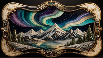 a flowing aurora over snowy peaks, wide sweeping composition, no people, no text