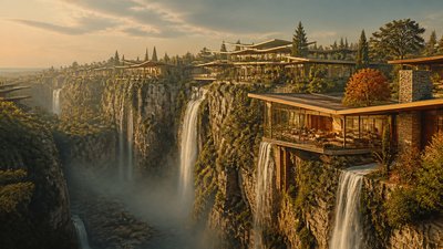 a cliffside city with waterfalls cascading into a misty canyon, wide establishing shot, no people, no text