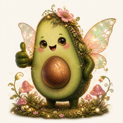 a happy avocado character giving a thumbs up, bold readable design on a plain background, no text