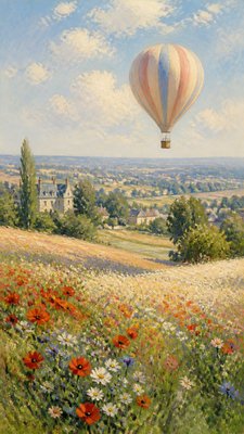 a hot air balloon drifting over rolling flower fields on a sunny day, cheerful, no text