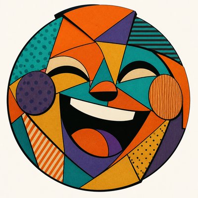 an exaggerated laughing face of an original round mascot character, bold and readable at small size, plain background, no text