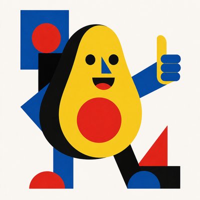 a happy avocado character giving a thumbs up, bold readable design on a plain background, no text