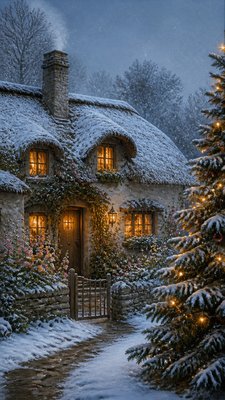 a snow-covered cottage with warm glowing windows beside a decorated pine tree, gentle snowfall, no text