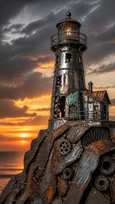 a lone lighthouse on a cliff at dusk under a dramatic sky, no text or lettering