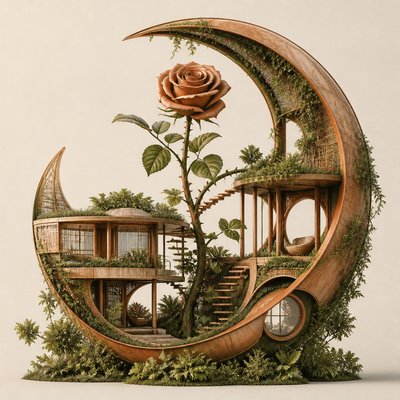 a rose entwined with a crescent moon, clean balanced composition on a plain background, no text