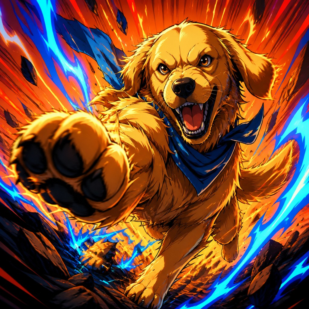 portrait of a golden retriever wearing a blue bandana, warm plain backdrop, no text