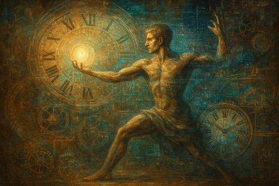 a painting of a man with a clock in the background