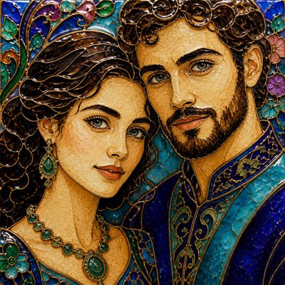 portrait of two people together — Enamel Art Style