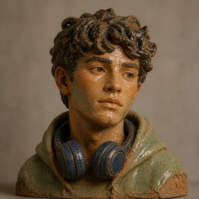 head-and-shoulders portrait of an original character: a young man with curly dark hair and headphones around his neck, plain backdrop, no text