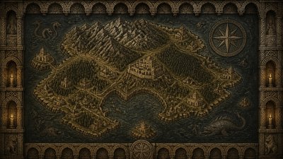 a map of an island realm with mountains, forests, a sheltered bay, sea monsters in the water and a compass rose, no text labels